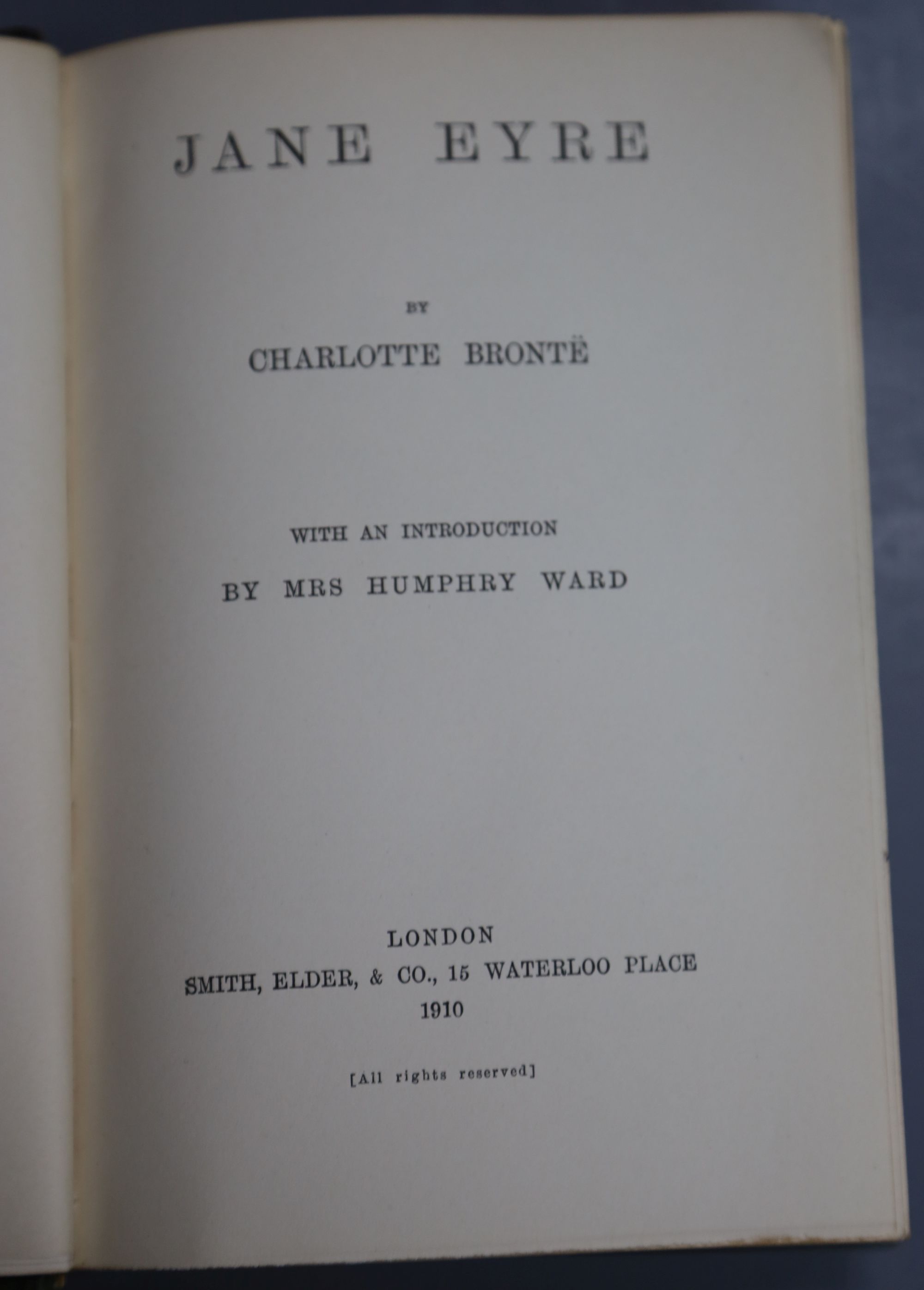 Bronte, Charlotte, Emily and Anne - Works, The Haworth edition, 7 vols, 8vo, half green calf, (spines browned), back board to vol 7 scu